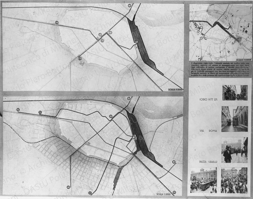Riproduzione della tavola 9: 'Trasporti urbani e interurbani presenti e futuri', planimetrie e fotografie. Positivo, bianco e nero, 164x212 mm, album giallo n.5, pag.56.