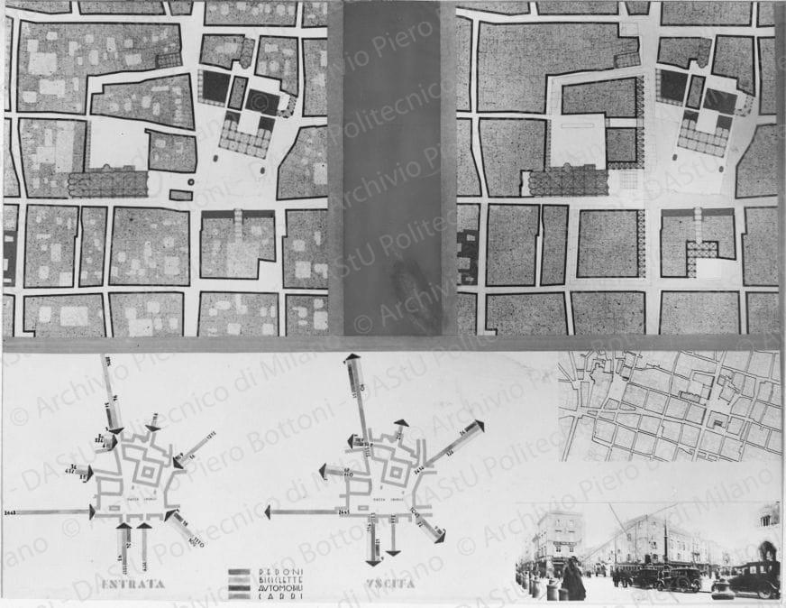 Riproduzione della tavola 14: 'Sistemazione del centro città. Blocco della Piazza Cavalli', planimetrie e schemi. Positivo, bianco e nero, 168x219 mm, album giallo n.5, pag.61.
