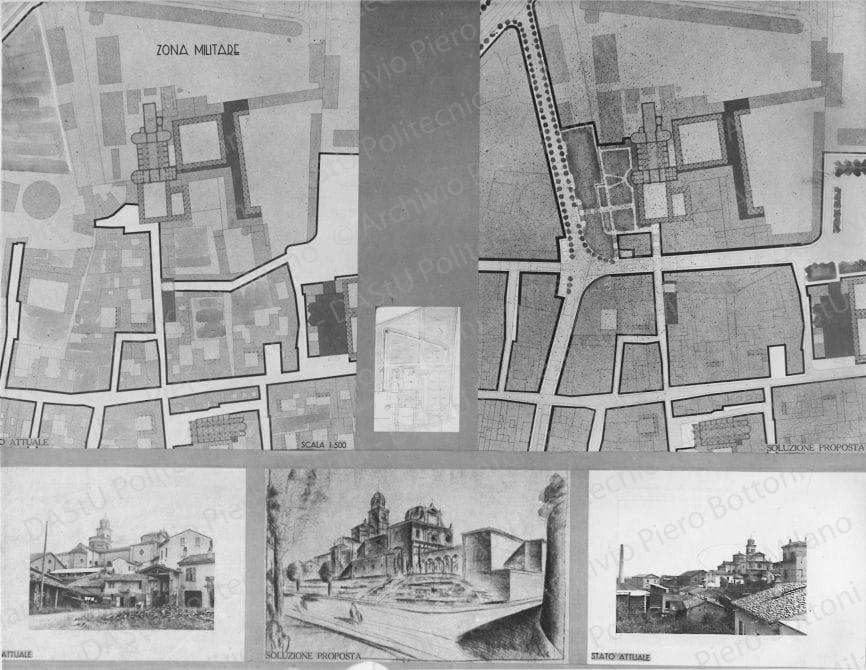 Riproduzione della tavola 17: 'Sistemazione del quartiere fra S. Sisto e Via Borghetto', planimetrie, fotografie e schizzi prospettici. Positivo, bianco e nero, 170x220 mm, album giallo n.5, pag.62.