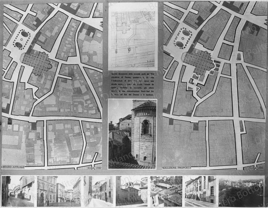 Riproduzione della tavola 15: 'Nuova trasversale Nord-Sud e sistemazione del nucleo attorno al Duomo', planimetrie e fotografie. Positivo, bianco e nero, 168x217 mm, album giallo n.5, pag.63.