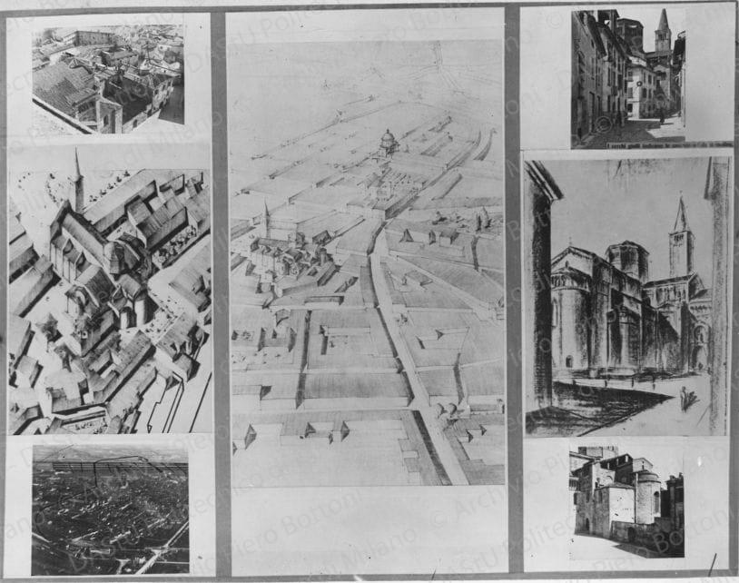 Riproduzione della tavola 16: 'Nuova trasversale Nord-Sud e sistemazione del nucleo attorno al Duomo', assonometrie e schizzi prospettici. Positivo, bianco e nero, 160x201 mm, album giallo n.5, pag.64.