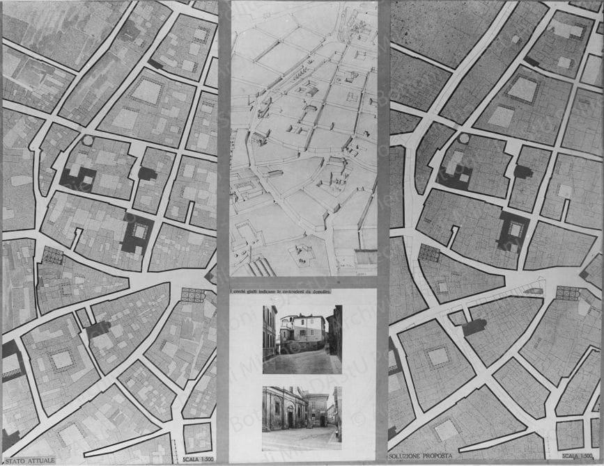 Riproduzione della tavola 18: 'Sistemazione del quartiere fra via Borghetto e via Beverora', planimetrie, fotografie e schizzi prospettici. Positivo, bianco e nero, 170x220 mm, album giallo n.5,pag.65.