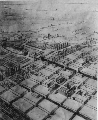 Riproduzione di assonometria del nuovo quartiere di Cantarana. Positivo, bianco e nero, 125x101 mm, album giallo n.5, pag.66.