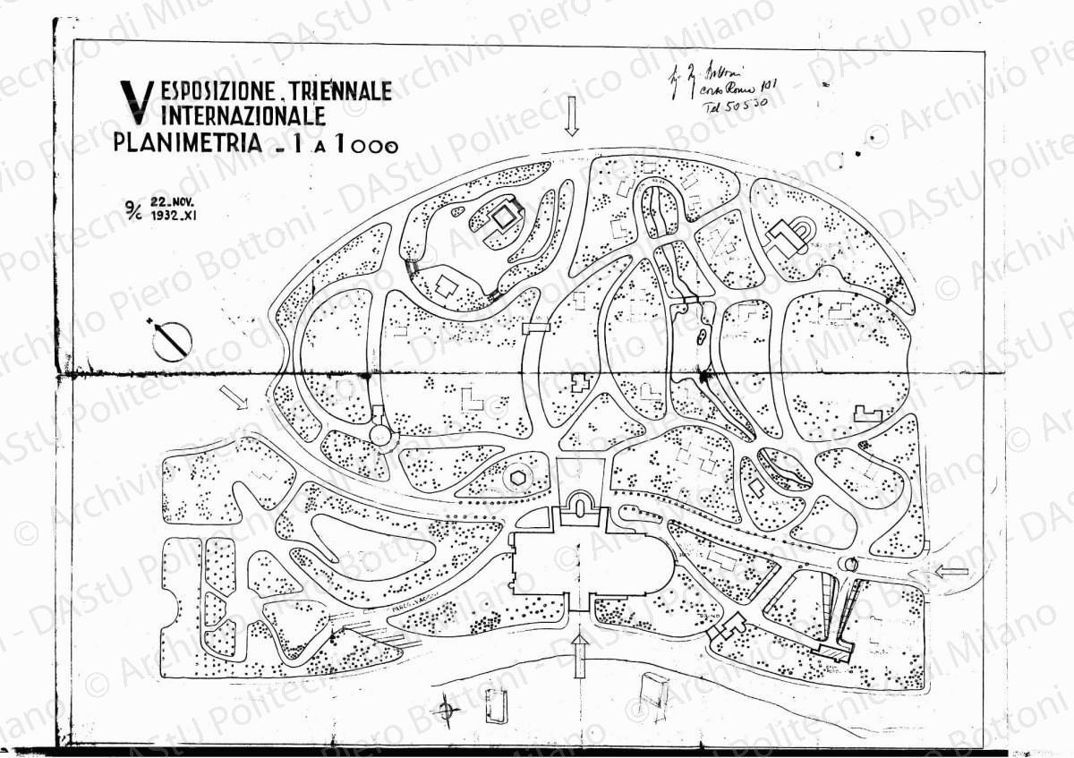 Individuazione "Casa popolare" su: V Esposizione Internazionale Triennale, planimetria scala 1:1000, 22 novembre 1932. Inchiostro rosso su eliografia su carta, cm 59,6 x 74,5. Annotazioni a matita.