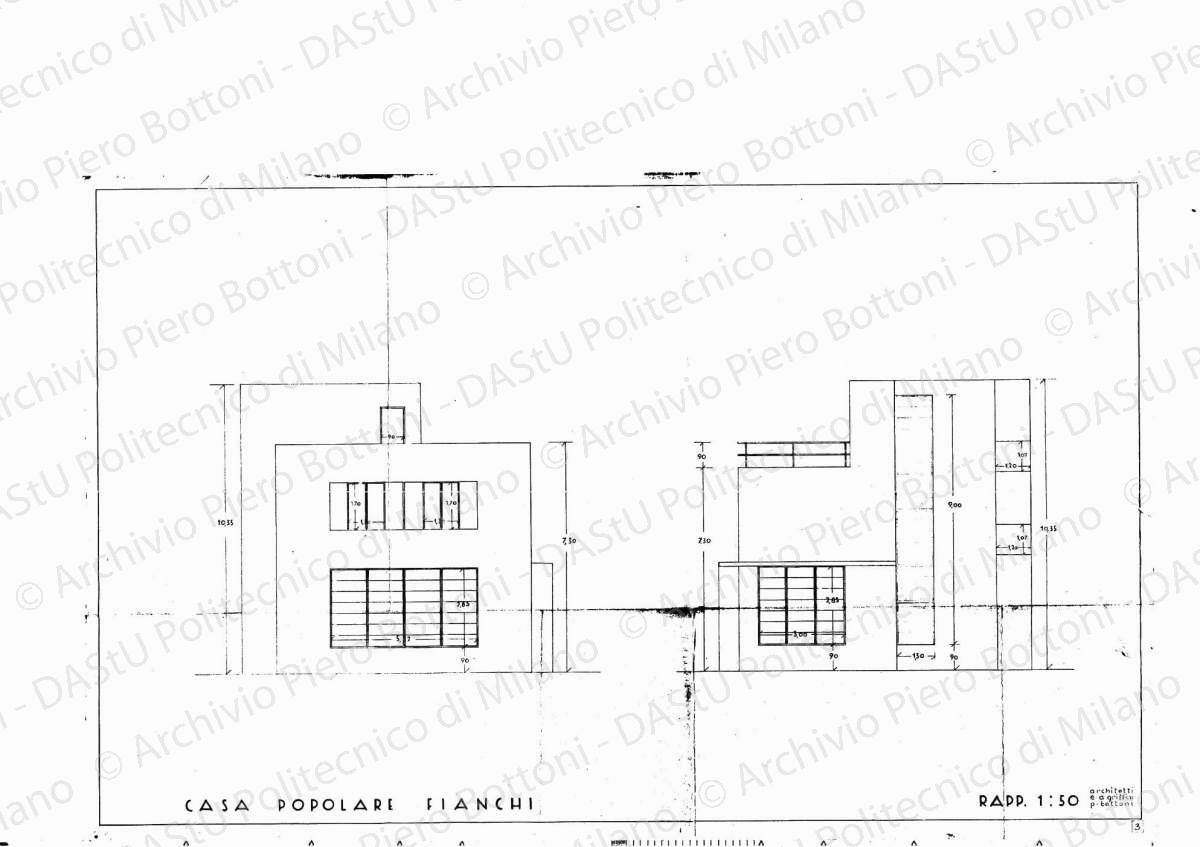 Casa popolare, fianchi, scala 1:50, s.d. Eliografia su carta, cm 47,1 x 74,5.