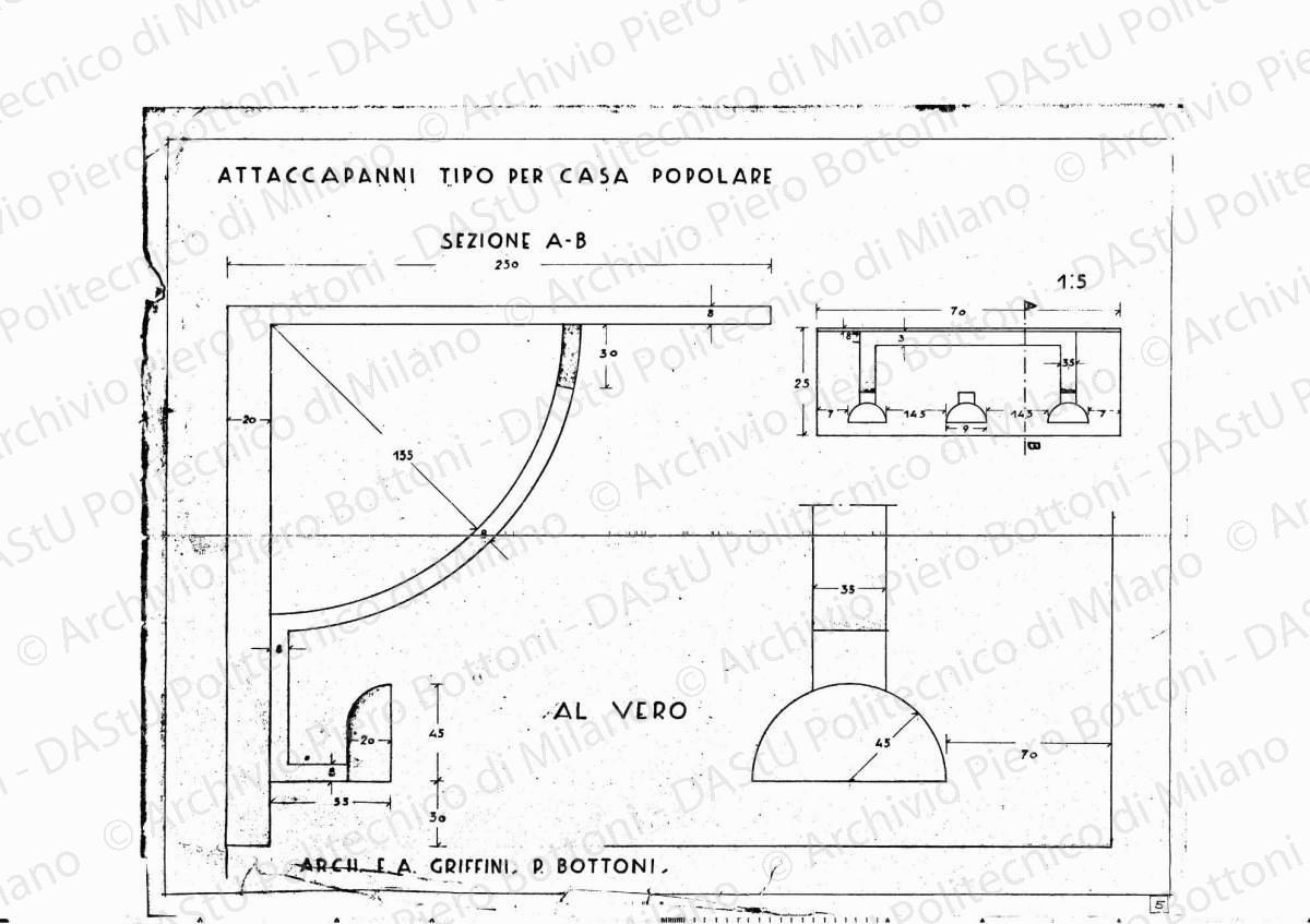 Attaccapanni tipo per casa popolare, scala 1:1, 1:5, s.d. Eliografia su carta, cm 37,6 x 47,8.