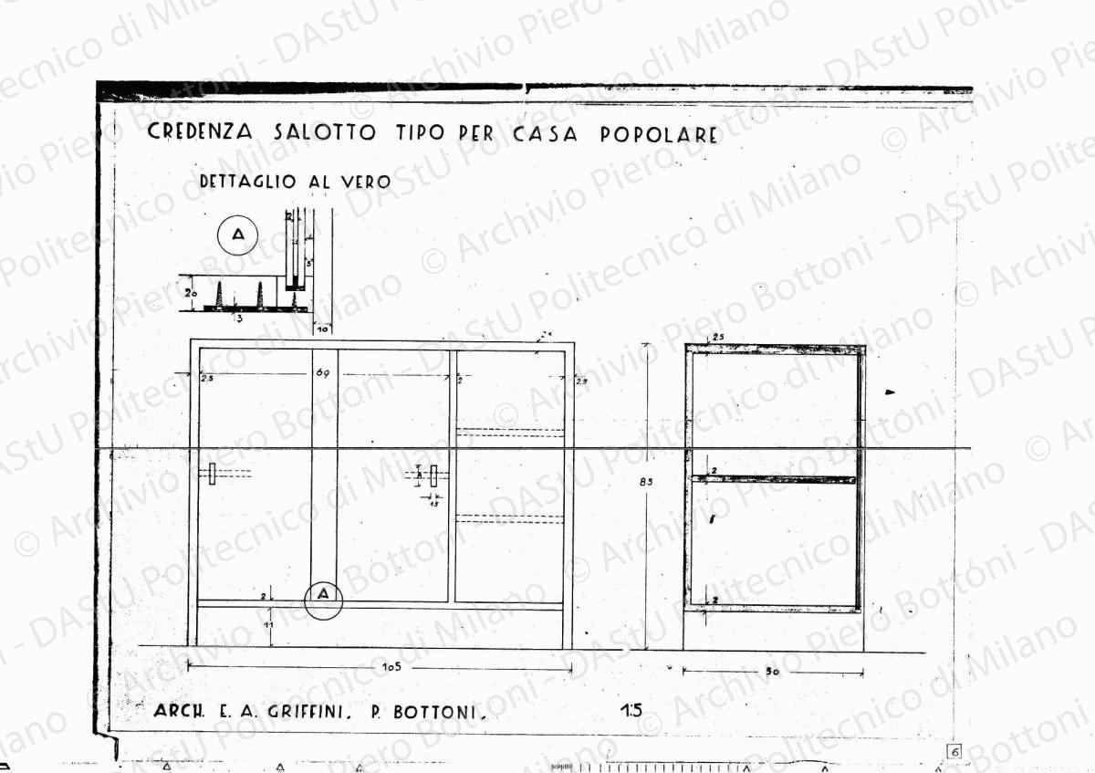 Credenza salotto tipo per casa popolare, scala 1:5, s.d. Eliografia su carta, cm 37,6 x 47,8.