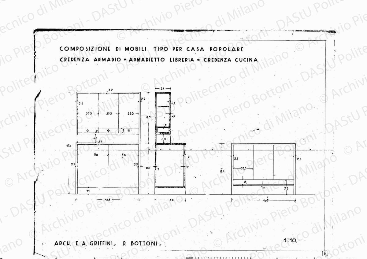 Composizione di mobili tipo per casa popolare, credenza armadio + armadietto libreria = credenza cucina, scala 1:10, s.d. Eliografia su carta, cm 37,5 x 48,8.