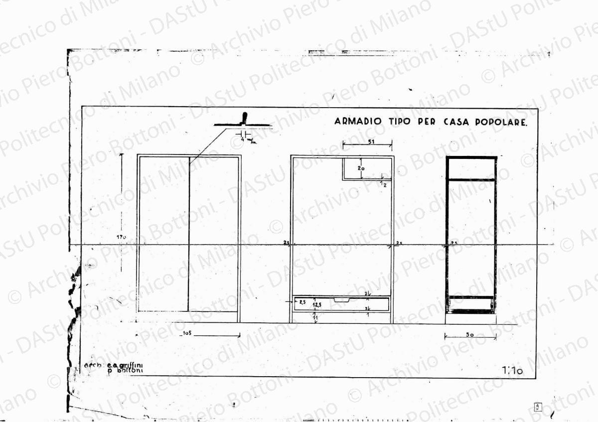 Armadio tipo per casa popolare, scala 1:10, s.d. Eliografia su carta, cm 37,3 x 48,5.