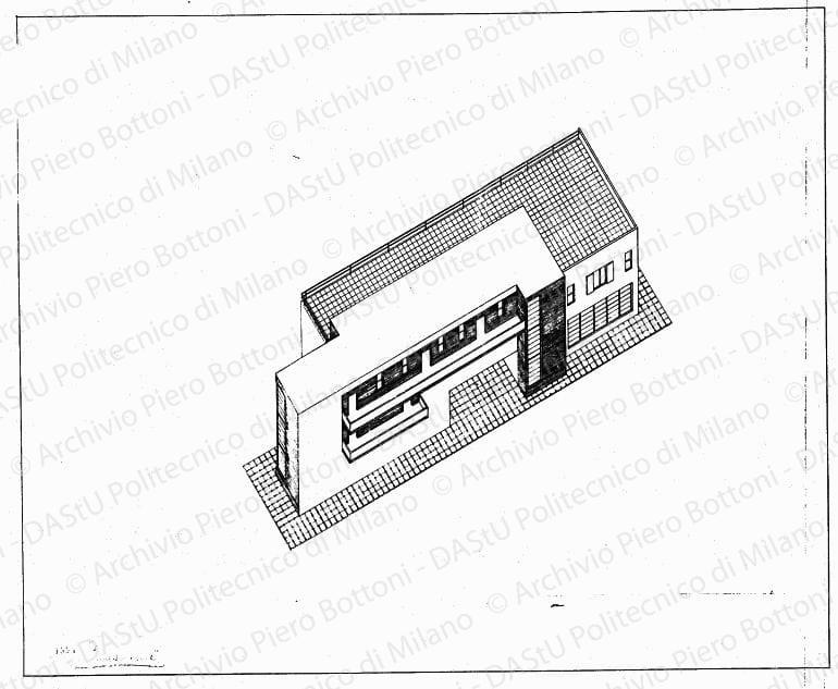 Assonometria, scala 1:100, prot. 1555, s.d. China su lucido, cm 53,5x65,0. Annotazione manoscritta: Quadrante. Incorniciato cm 68x79.