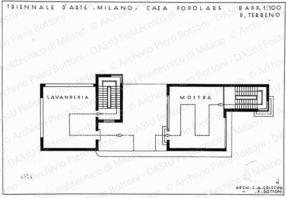 Triennale d'arte di Milano, Casa popolare, pianta piano terreno, scala 1:100, prot. 1574, s.d. China su lucido, cm 26,5x38,8. 