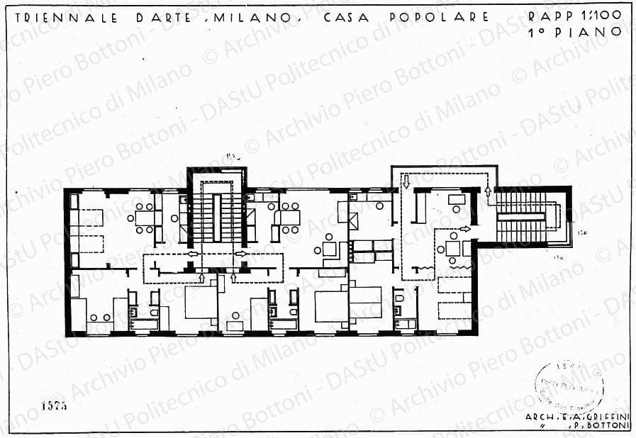 Triennale d'arte, Milano, Casa popolare, pianta 1? piano con arredo, scala 1:100, prot. 1575,s.d. China su lucido, cm 26,5x38,6. 