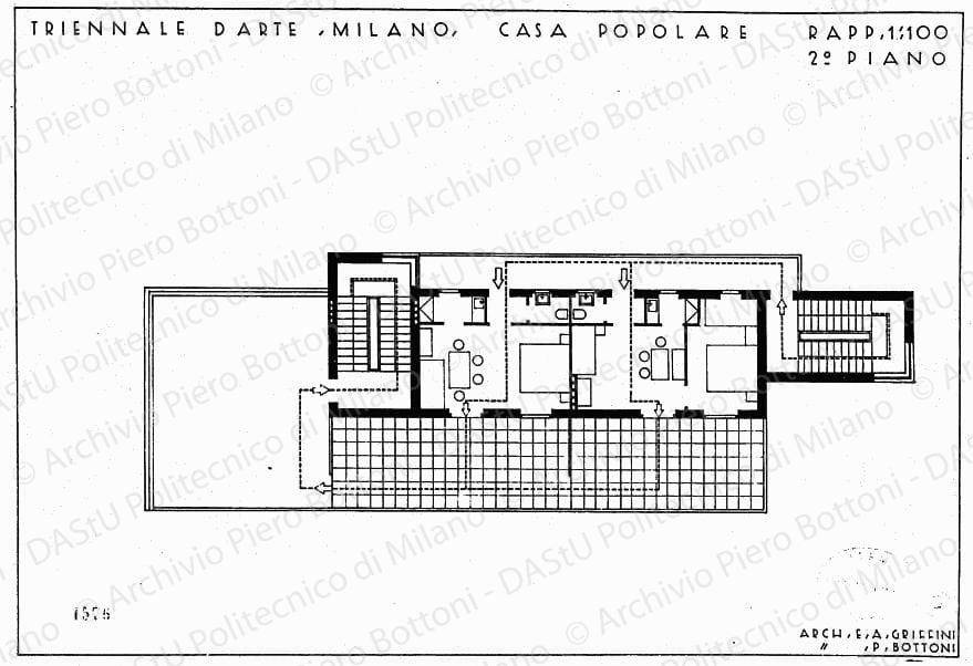 Triennale d'arte, Milano, Casa popolare, pianta 2? piano con arredo, scala 1:100, prot. 1576,s.d. China su lucido, cm 26,4x38,7. 