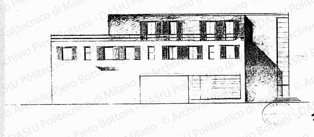 Studio fronte anteriore, scala 1:100, s.d. Matita e matite colorate su lucido, cm 19,0x40,0.