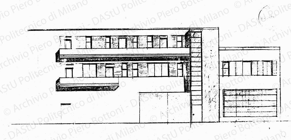 Studio fronte posteriore, scala 1:100, s.d. Matita e matite colorate su lucido, cm 17,0x35,5.