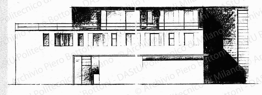 Studio fronte anteriore, scala 1:50, s.d. Matita e matite colorate su lucido, cm 34,5x78,5. Incorniciato cm 49x93.