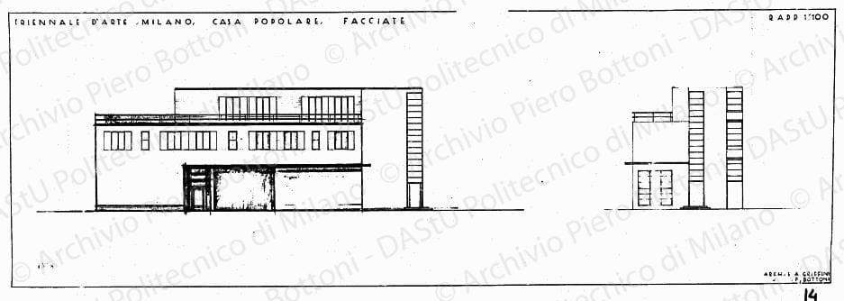 Triennale d'arte, Milano, Casa popolare, facciate, scala 1:100, prot. 1578, s.d. China, matita e matita verde su lucido, cm 26,5x73,0. 