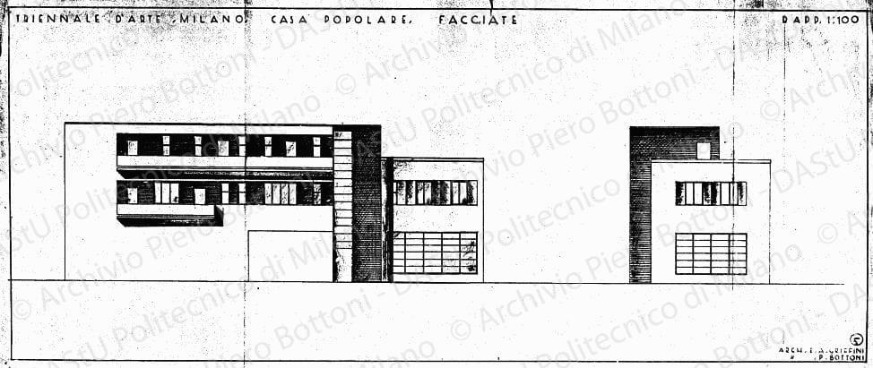 Studio dei colori di facciata su: Triennale d'arte, Milano, Casa popolare, facciate, scala 1:100,s.d. Matite colorate su carta, cm 28,0x62,5. 