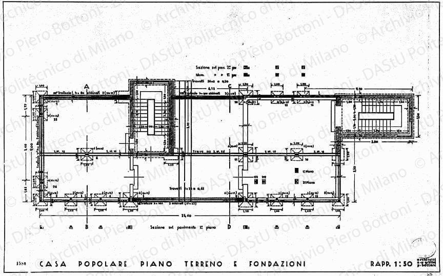 Casa popolare, pianta piano terreno e fondazioni, scala 1:50, prot. 1580, s.d. China e matita su lucido, cm 48,0x75,0. 