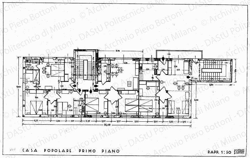 Casa popolare, pianta primo piano con arredo, scala 1:50, prot. 1581, s.d. China e matita su lucido, cm 46,0x73,5. 