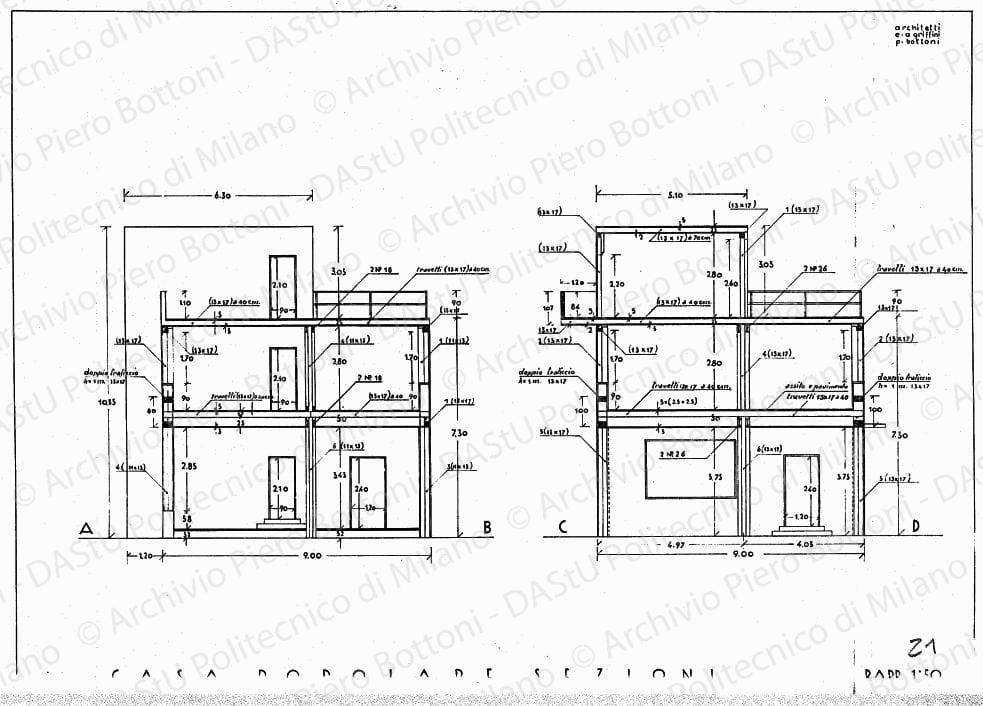 Casa popolare, sezioni, scala 1:50, prot. 1583, s.d. China e matita su lucido, cm 47,0x65,0.