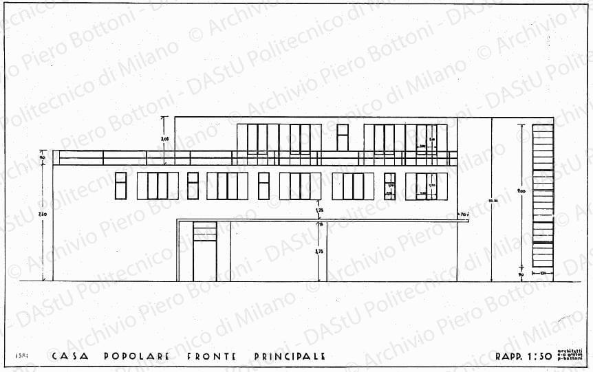 Casa popolare, fronte principale, scala 1:50, prot. 1584, s.d. China su lucido, cm 48,0x75,5.