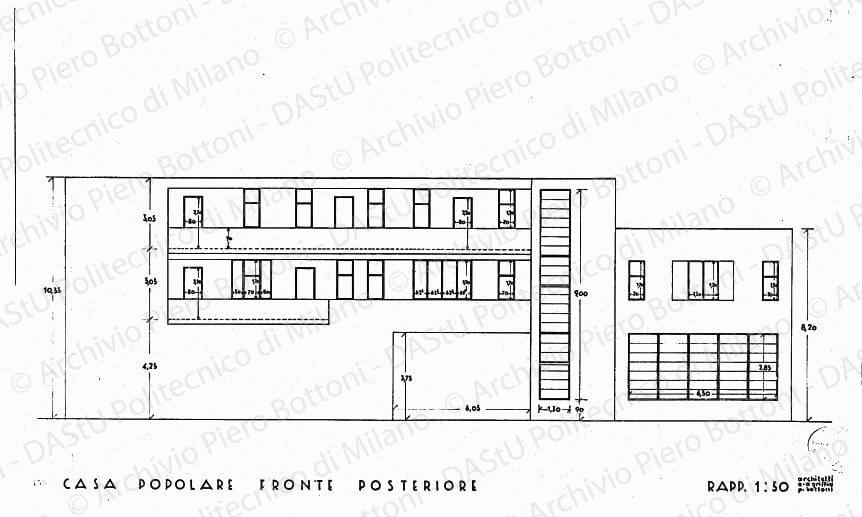 Casa popolare, fronte posteriore, scala 1:50, prot. 1585, s.d. China su lucido, cm 42,0x72,5.