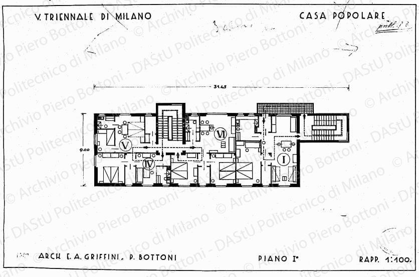 V Triennale di Milano, Casa popolare, pianta piano I? con arredo, scala 1:100, prot. 1587, s.d. China su lucido, cm 34,4x52,3. Annotazioni a matita. 