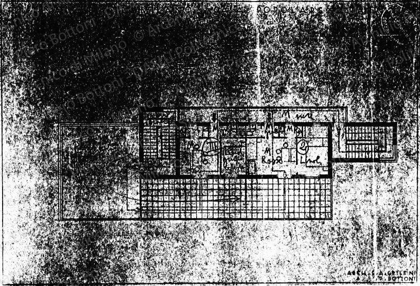 V Triennale di Milano, Casa popolare, pianta piano II? con arredo, scala 1:100, s.d. Eliografia su carta, cm 28,7x40,0. Indicazioni per i pavimenti a matita blu. 