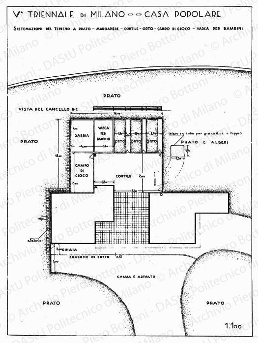V Triennale di Milano, Casa popolare, sistemazioni del terreno a prato, marciapiede, cortile, orto, campo di gioco, vasca per bambini, pianta, scala 1:100, prot. 1590, s.d. China su lucido, cm 58,0x43,5. 
