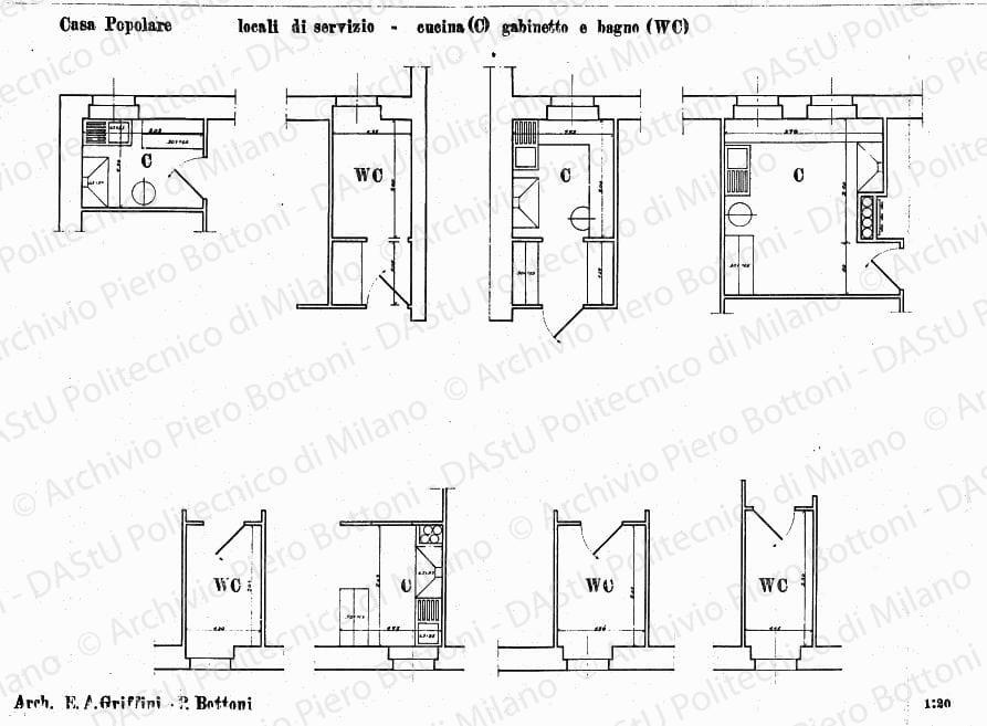 Casa popolare, locali di servizio, piante, scala 1:20, prot.1591, s.d. China su lucido, cm 62,0x86,7. 