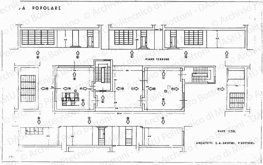 Casa popolare, piano terreno, pianta e prospetti interni, scala 1:50, prot.1592, s.d. China su lucido, cm 63,0x115,0. Correzioni a matita. 