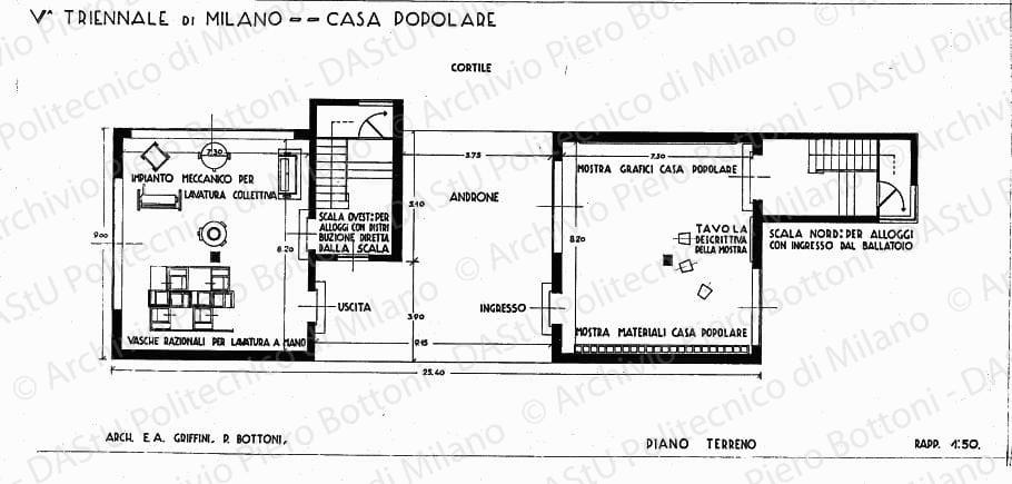 V Triennale di Milano, Casa popolare, pianta piano terreno, scala 1:50, s.d. China su lucido, cm 37,4x78,5. 