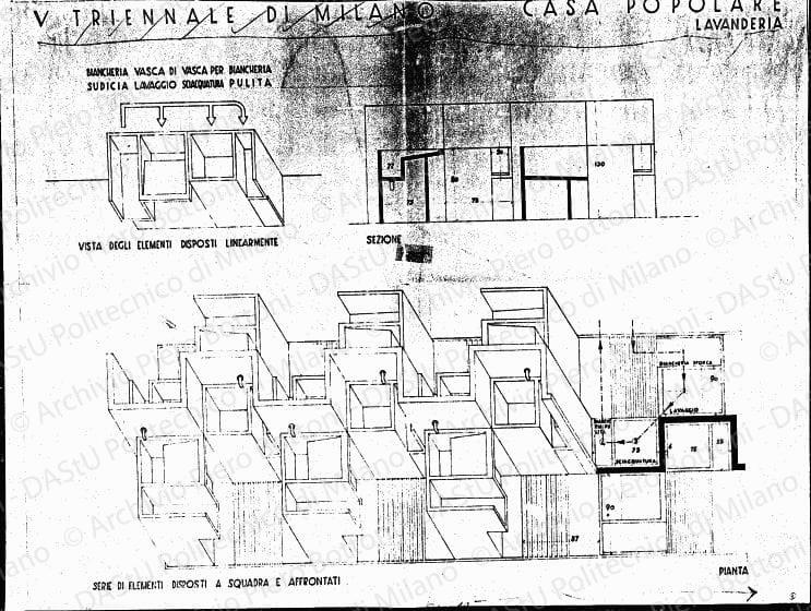 V Triennale di Milano, Casa popolare, lavanderia, pianta, sezione, vista e assonometria, scala 1:10, s.d. Eliografia su carta, cm 67,2x89,0. Annotazioni a matita. 