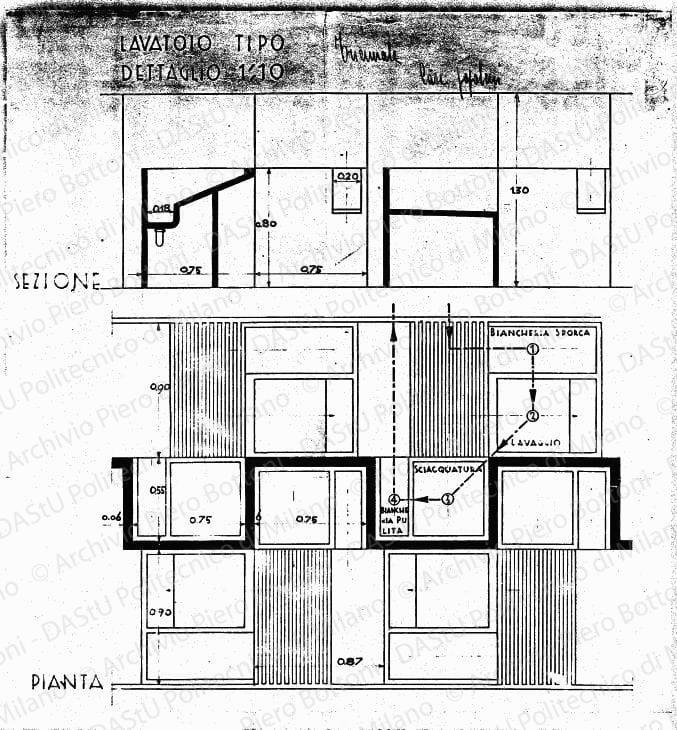 Lavatoio tipo, dettaglio, pianta, sezione, scala 1:10, s.d. Eliografia su carta, cm 48,1x45,3.