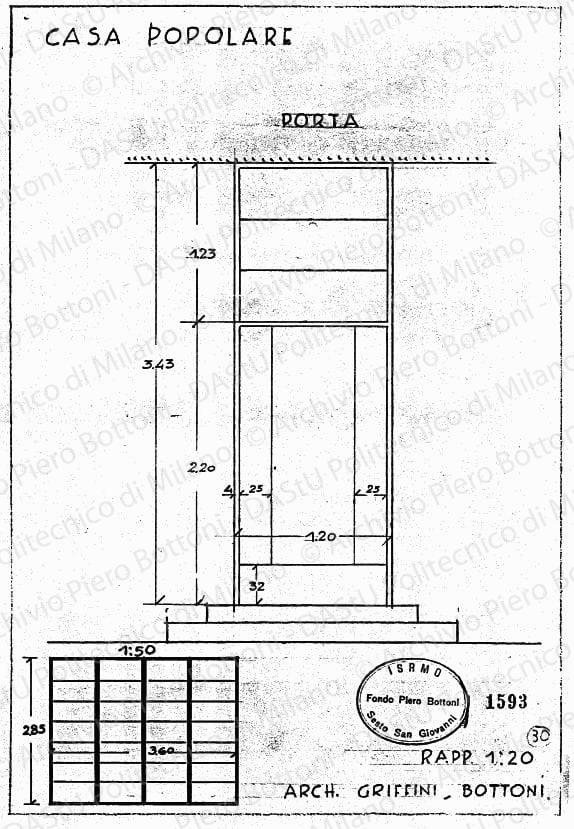 Casa popolare, porta e finestra, scala 1:20, 1:50, prot. 1593, s.d. Matita e china su lucido, cm 31,0x21,0. 