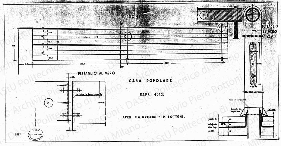 Casa popolare, parapetto, scala 1:1, 1:10, prot. 1594, s.d. China su lucido, cm 39,5x78,7.