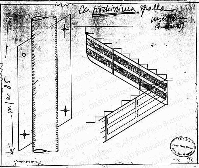 Corrimano e parapetto scala, scala 1:20, s.d. China su lucido, cm 28,0x33,5. Indicazioni e annotazioni a matita. 