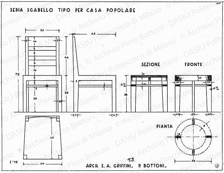 Sedia sgabello tipo per la Casa popolare, pianta, sezione, fronte, scala 1:5, prot. 1600, s.d. China e matita su lucido, cm 35,0x46,3. 