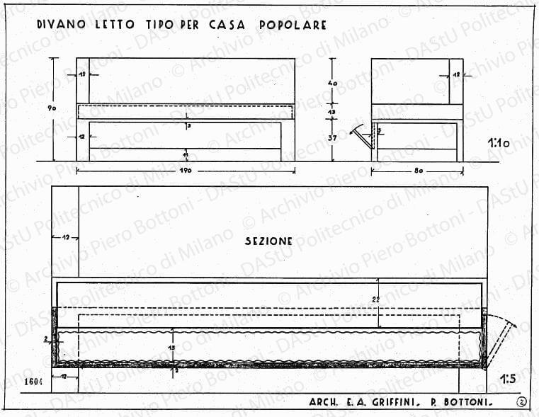 Divano letto tipo per la Casa popolare, sezione e viste, scala 1:5, 1:10, prot. 1604, s.d. China e matita su lucido, cm 35,0x46,3. 