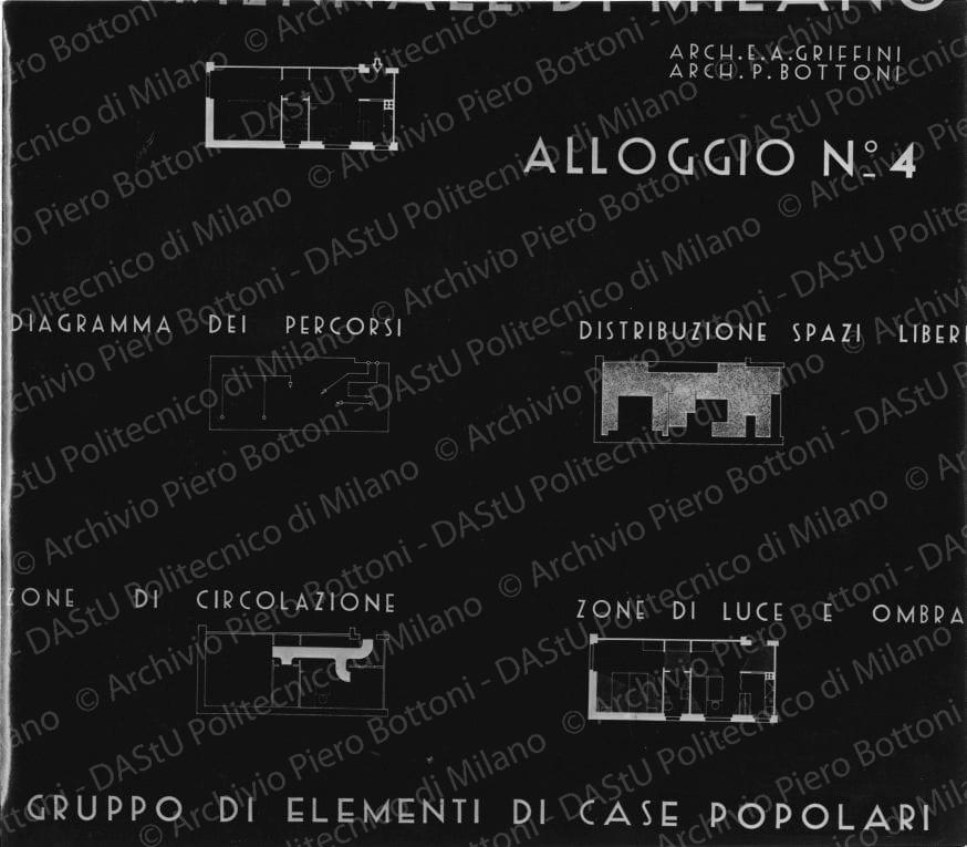 Riproduzione del pannello 'Alloggio n. 4', piante e schemi. Positivo, bianco e nero, 163x185 mm, album giallo n. 7, pag. 22.