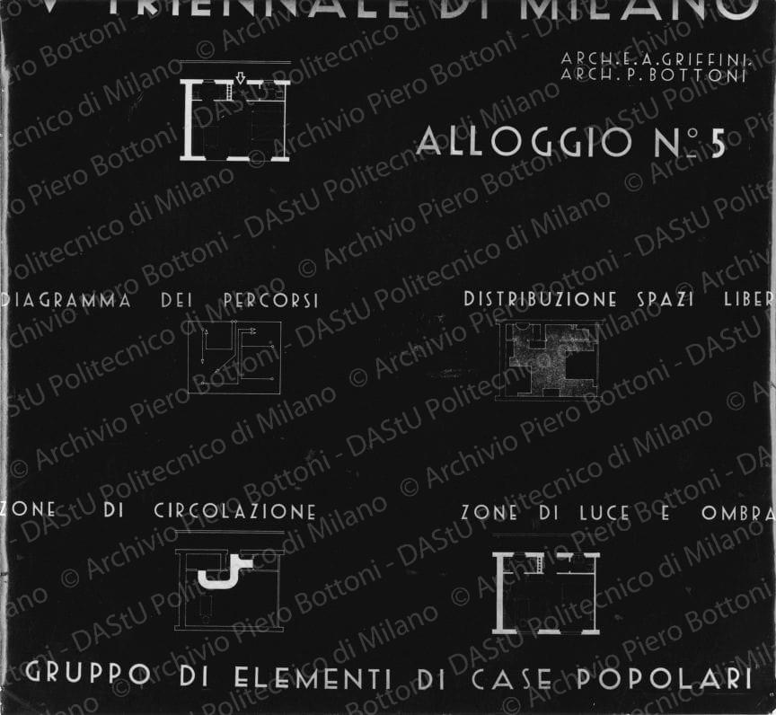 Riproduzione del pannello 'Alloggio n. 5', piante e schemi. Positivo, bianco e nero, 169x184 mm, album giallo n. 7, pag. 23.