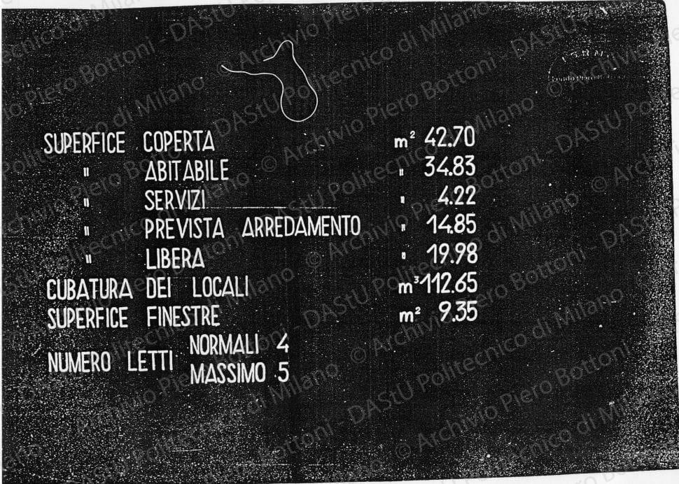 Tabella superfici e cubature, s.d. Eliografia su carta, cm 24,4x39,7. 