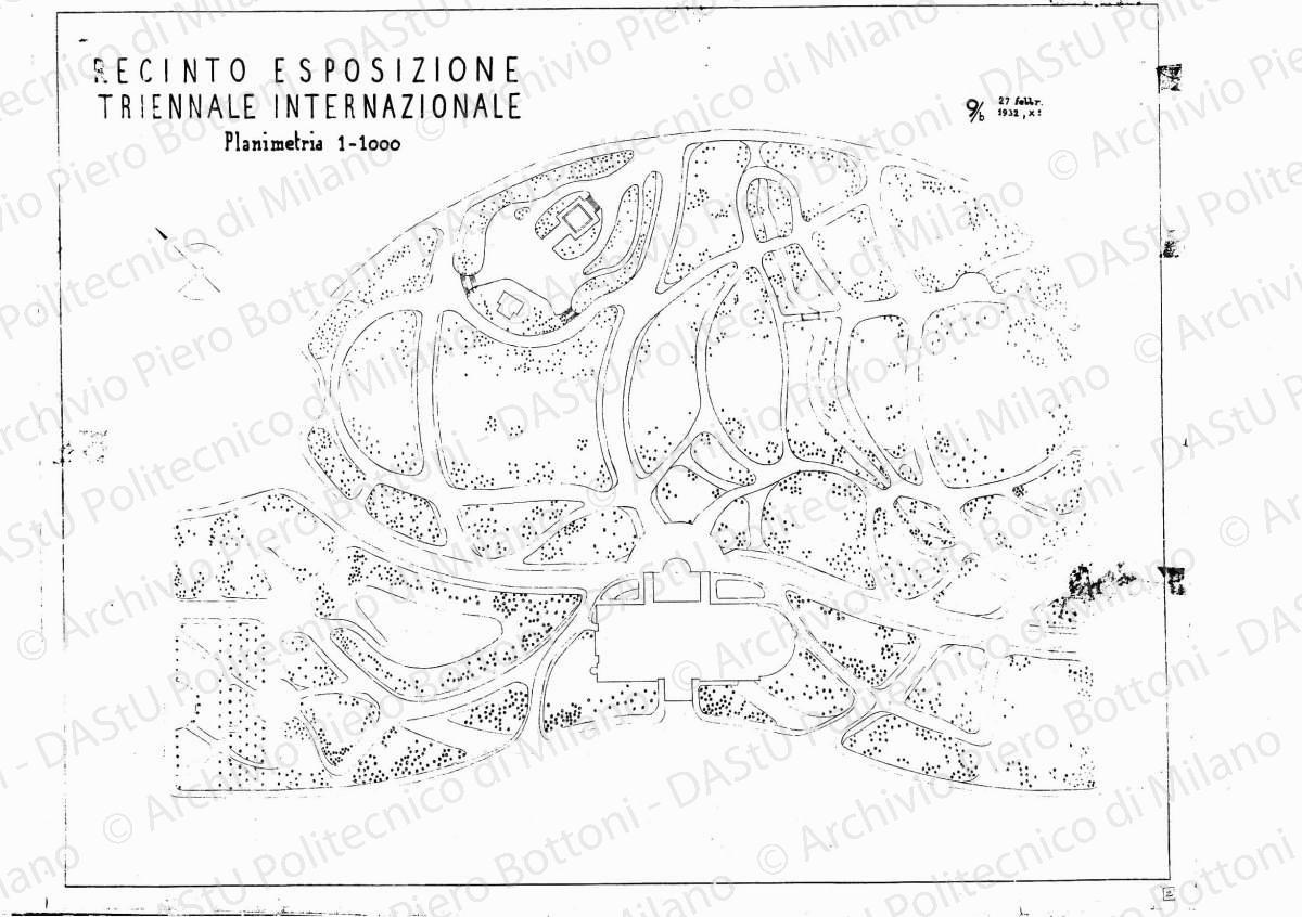 Recinto Esposizione Triennale Internazionale, planimetria, scala 1:1000, 27 febbraio 1932. Eliografia su carta, cm 59,9 x 74,4.
