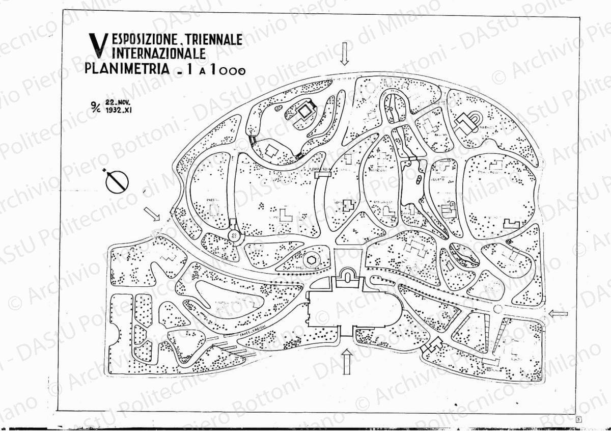 V Esposizione Triennale Internazionale, planimetria, scala 1:1000, 22 novembre 1932. Eliografia su carta, cm 60,2 x 74,5.