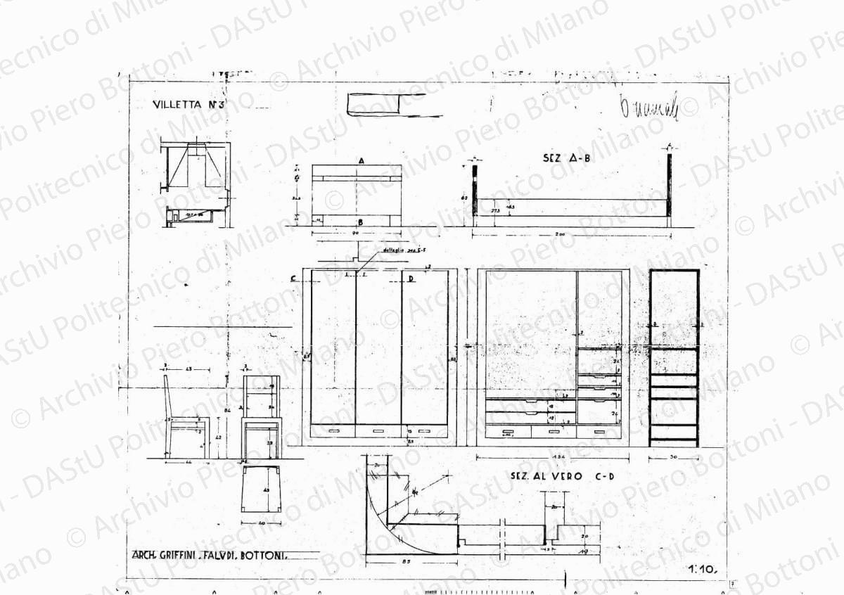 Mobili villetta n. 3, scala 1:1, 1:10, s.d. Eliografia su carta, cm 52,2 x 62,0. Correzioni a matita. Sul verso: annotazioni a matita.
