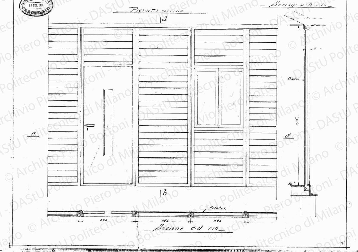 Carpenteria Bonfiglio & C., parete in legno con porta e finestra, prospetto e sezioni, scala 1:10, 13febbraio 1933. Matita e inchiostro rosso su carta, cm 44,0 x 56,5.