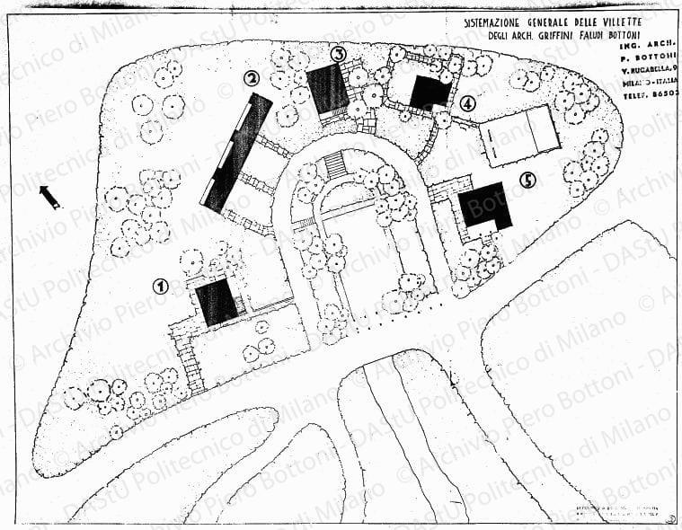 Sistemazione generale delle villette, planimetria, scala 1:250, s.d. Eliografia su carta, cm 46,4x59,8.