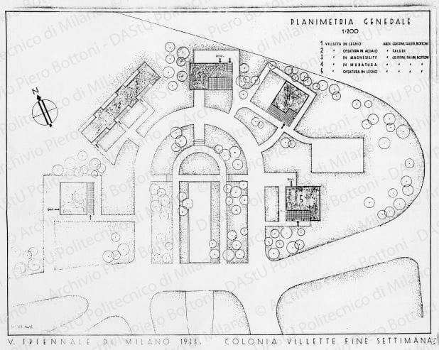 V Triennale di Milano 1933, Colonia villette fine settimana, dis. 61, planimetria generale, scala 1:200, s.d. Eliografia su carta, cm 49,4x63,1. 
