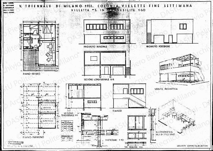 V Triennale di Milano 1933, Colonia villette fine settimana, villetta n. 3, in magnesilite, dis. 64, piante, sezioni, prospetti, particolari, veduta prospettica e assonometrica, scala 1:10, 1:20, 1:50, s.d. Eliografia su carta, cm 71,7x100,8. 
